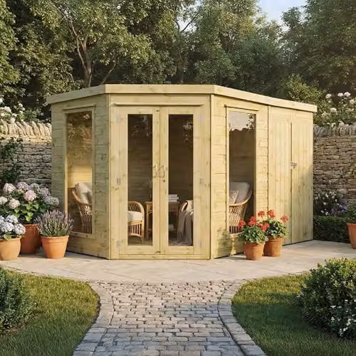 Waltons Wooden Corner Summerhouse with Side Shed, Shiplap Tongue and Groove Garden Room with Flat Roof and Double Doors – 2