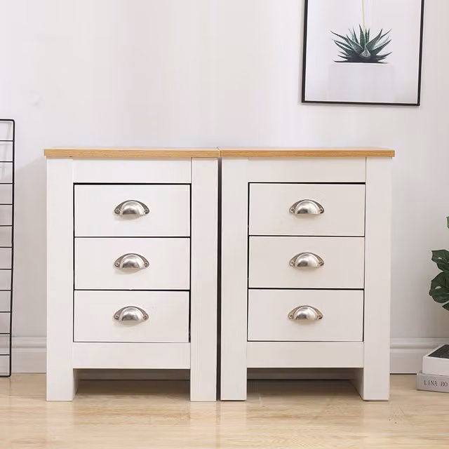 HMD Furniture Pair of 2 White Bedside Tables with 3 Drawers