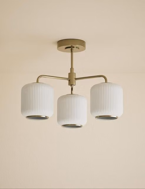 M&S Amelia 3 Way Flush Ceiling Light in Antique Brass and Glass