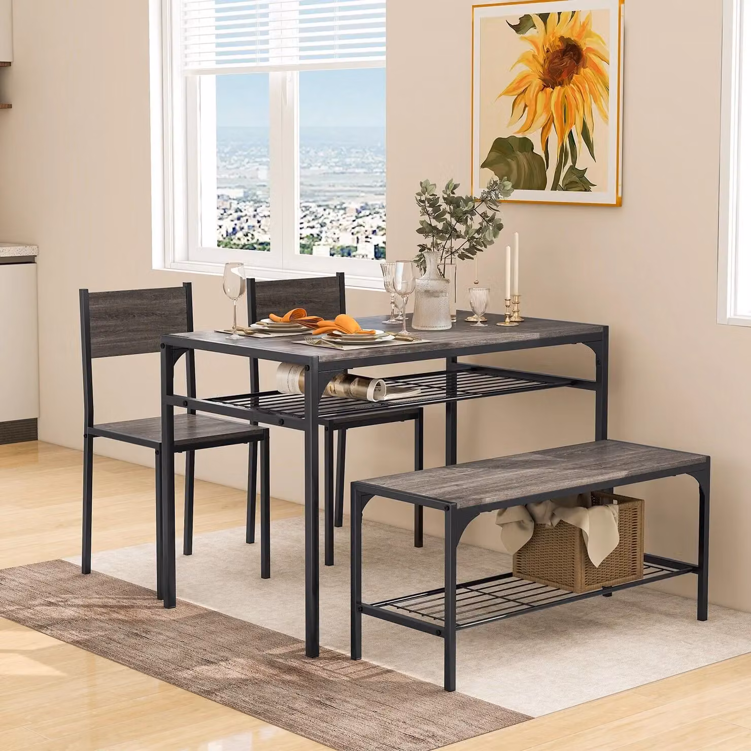 Costway Industrial Rectangular Dining Table Set with Chairs and Bench in Grey – 3