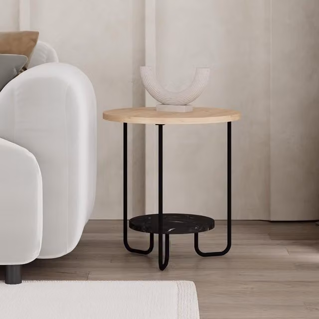 FWStyle 2 Tier Round Side End Table in Black Marble and Oak Finish