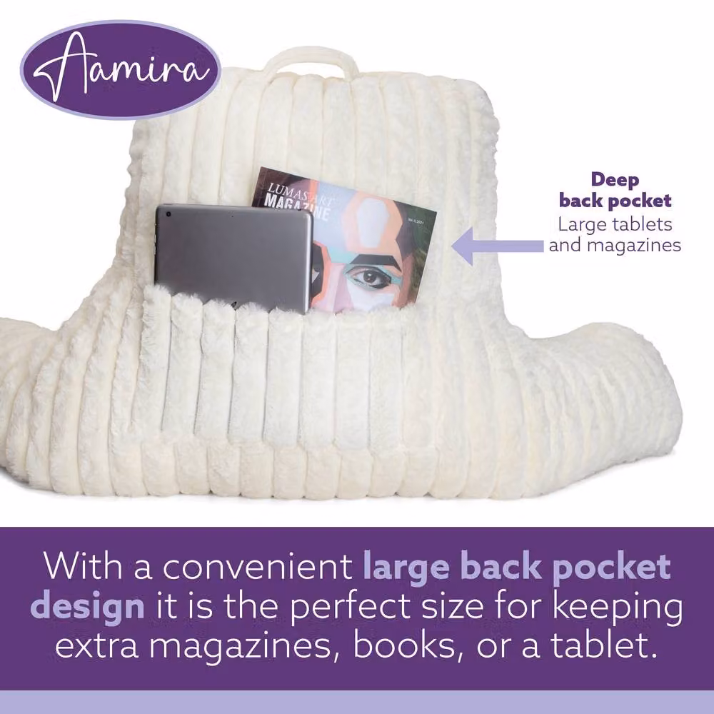 Aamira Beige Faux Fur Ribbed Memory Foam Wedge Reading Pillow Support Cushion – 5