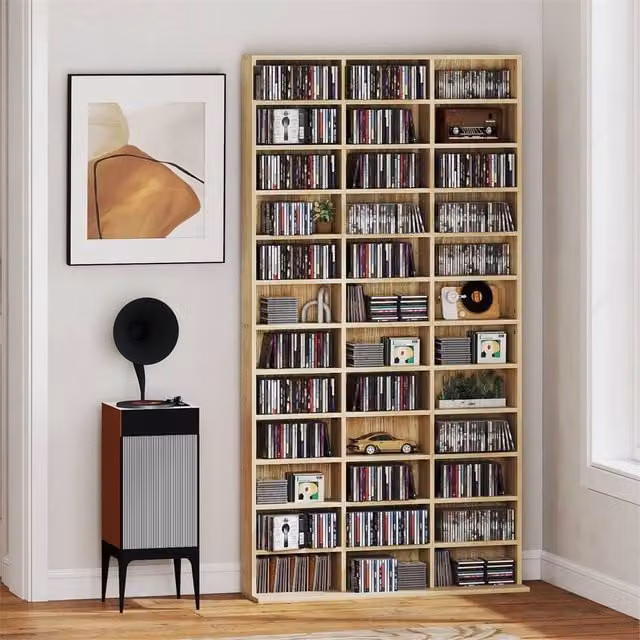 EONLION Modern Oak Tone Storage Shelf in Brown with Adjustable Shelves and Media Compartments