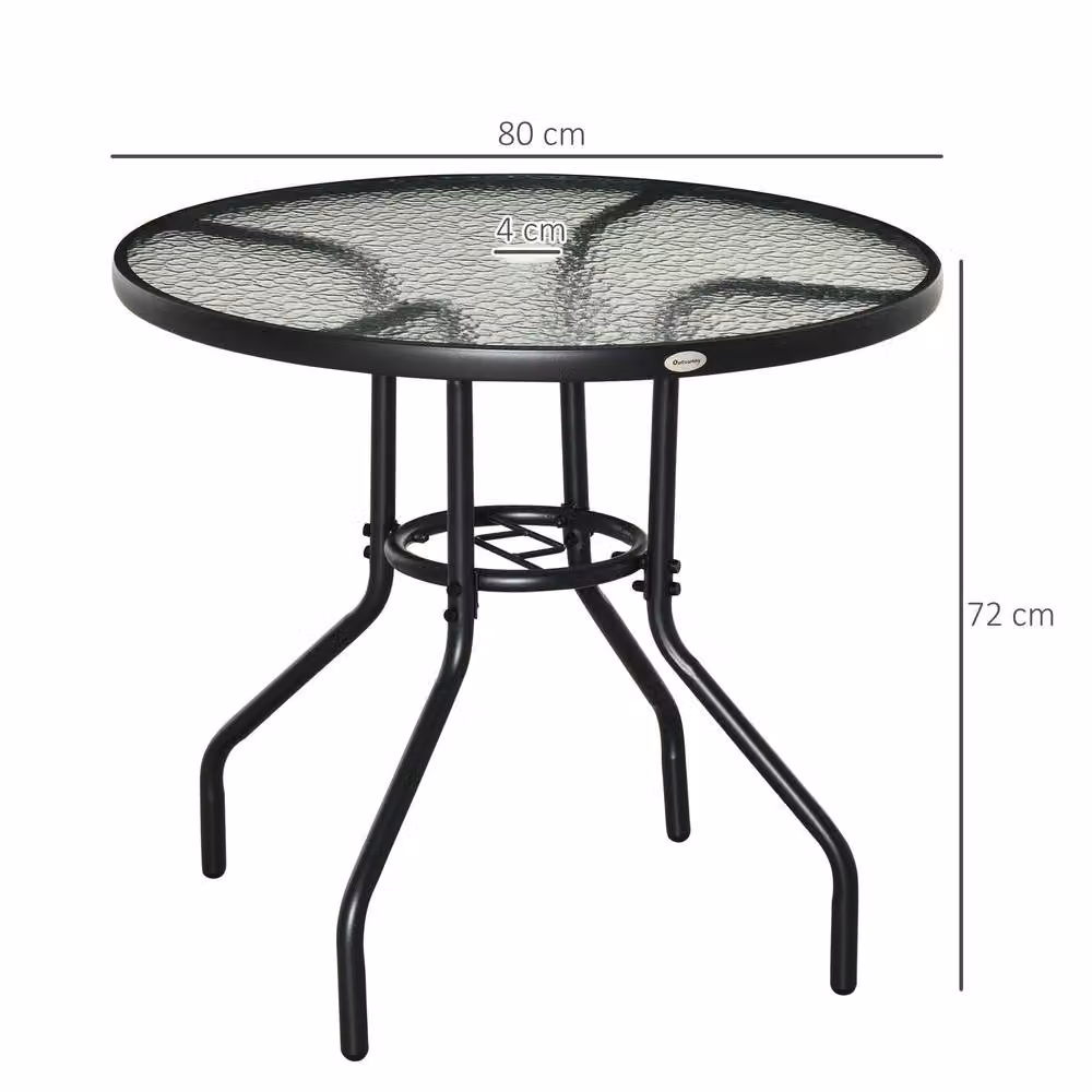 ERGOVEXA Round Glass Garden Dining Table with Parasol Hole, Black, Diameter: 80 cm, Height: 72 cm – 2