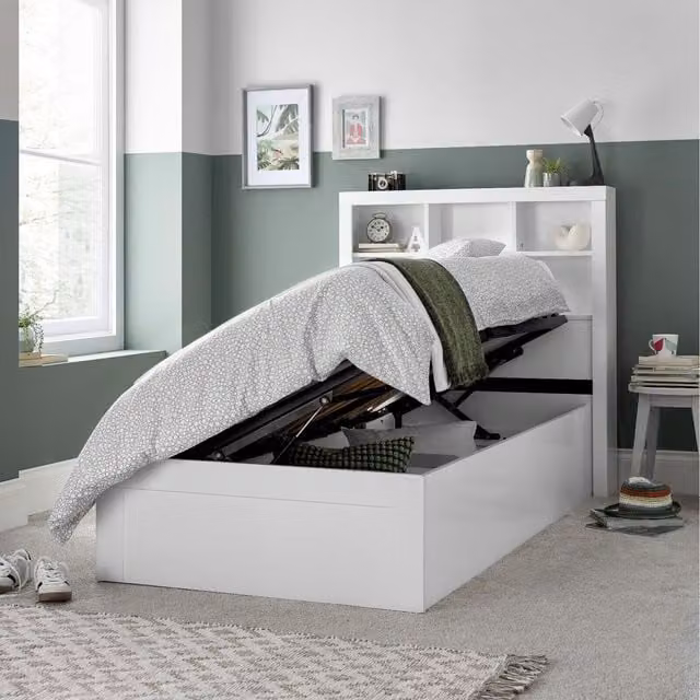 Bedmaster Modern White Engineered Wood Single Ottoman Storage Bed with Lift Up Base, 90 x 190 cm