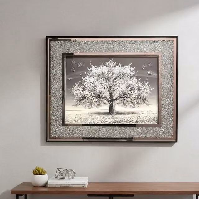 DEENZ Blossom Tree 3D Glitter Liquid Wall Art with Crushed Diamond Crystals in Silver, Pink and Grey, 45 cm