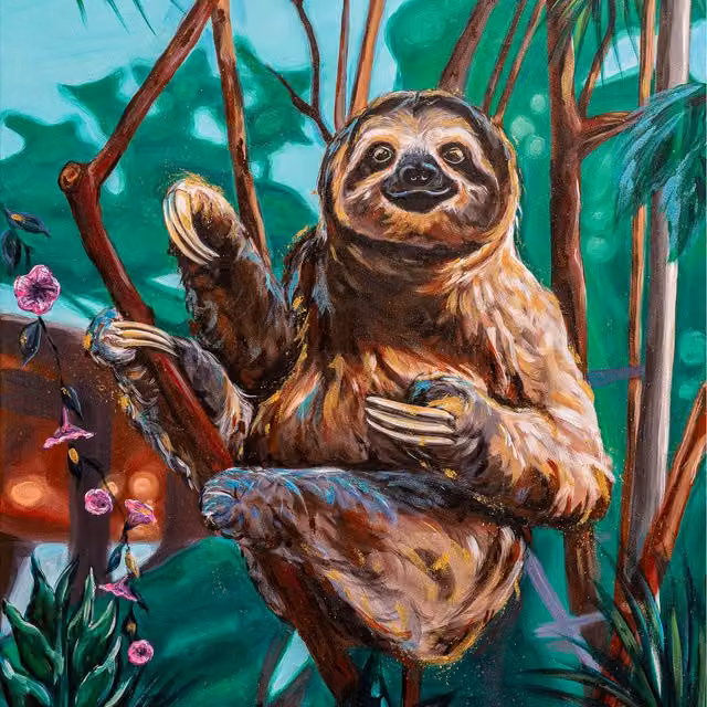 Wright Art Studio Sloth Animal Art Print Wrapped on Canvas in Green and Multicolour