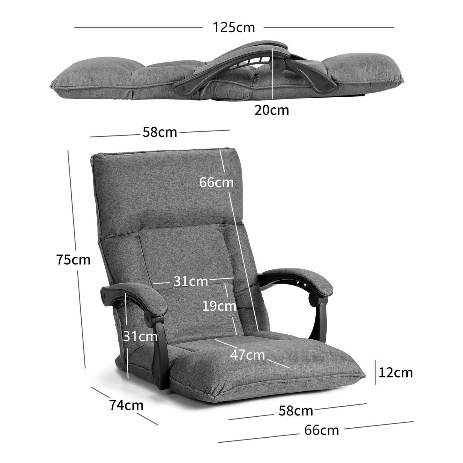 Costway Adjustable Grey Fabric Gaming Floor Chair with Armrests and Headrest – 4
