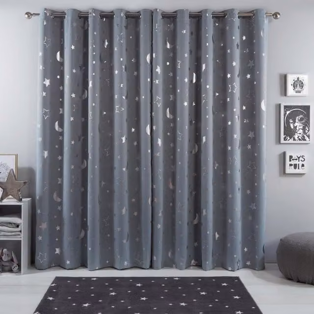 OHS Dreamscene Star Pattern Eyelet Blackout Curtains in Silver Grey, W/D/H: 137 x 137 cm