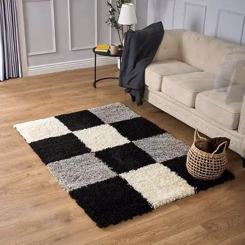 Bravich LTD Black Checked Modern Shaggy Rug, W: 80 cm, L: 150 cm