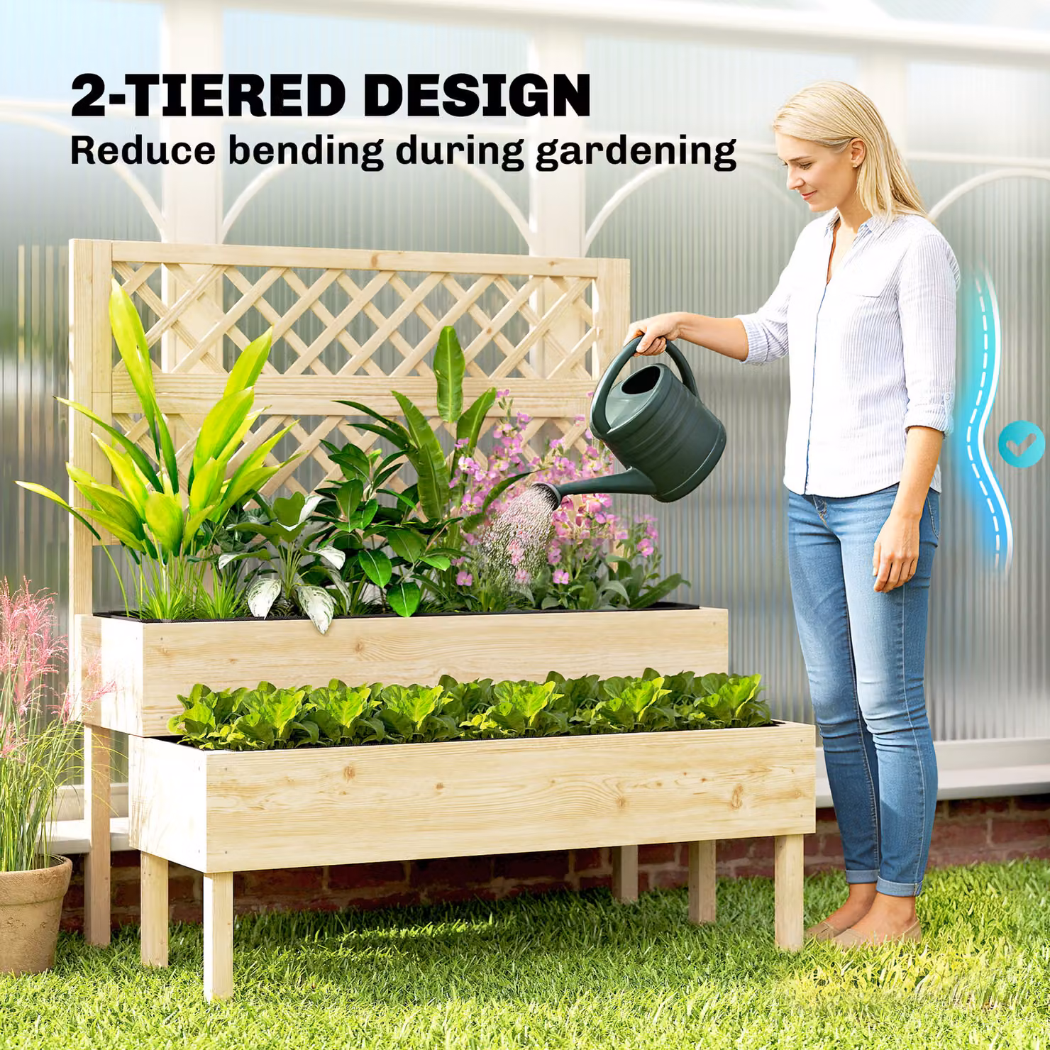 Outsunny 2-Tier Stepped Wooden Raised Garden Bed with Trellis for Climbing Plants, W/D/H: 108 x 62 x 120 cm – 4