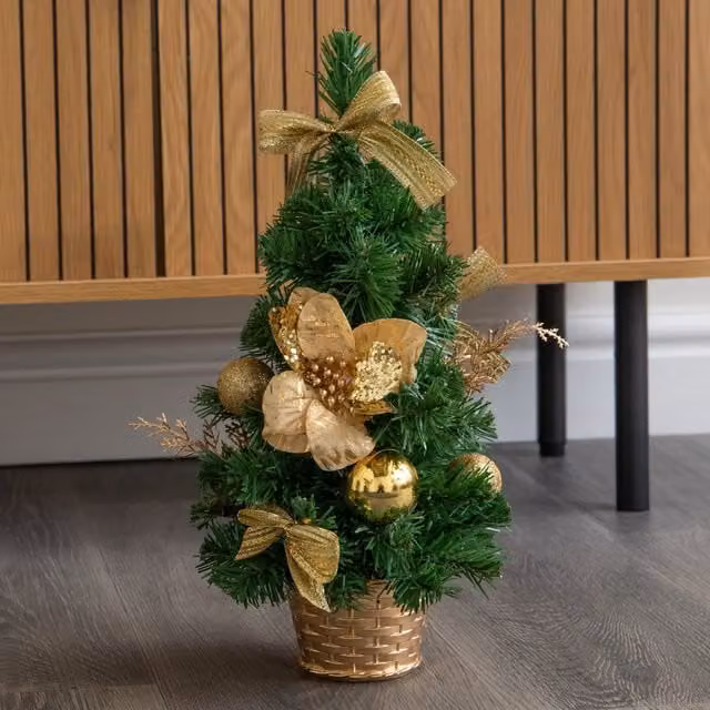 Samuel Alexander 40cm Green Fir Mini Christmas Tree with Gold Baubles, Ribbons and Poinsettias