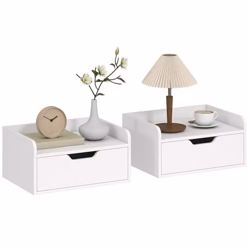 HOMCOM Set of 2 Modern White Wall Mounted Floating Nightstands with Drawers – 1