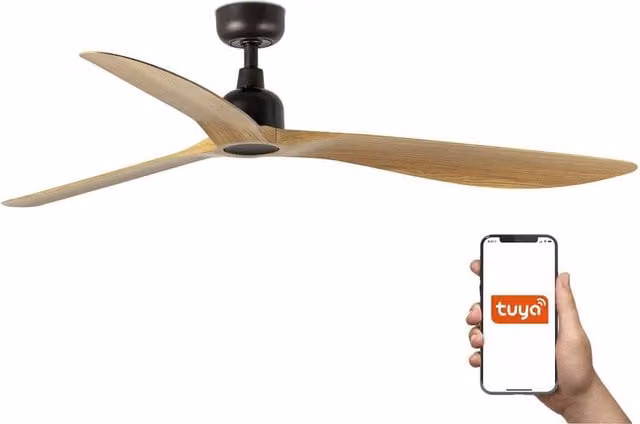 Netlighting Outwood Large 3 Blade Ceiling Fan in Brown Oak Wood with Tuya Smart System
