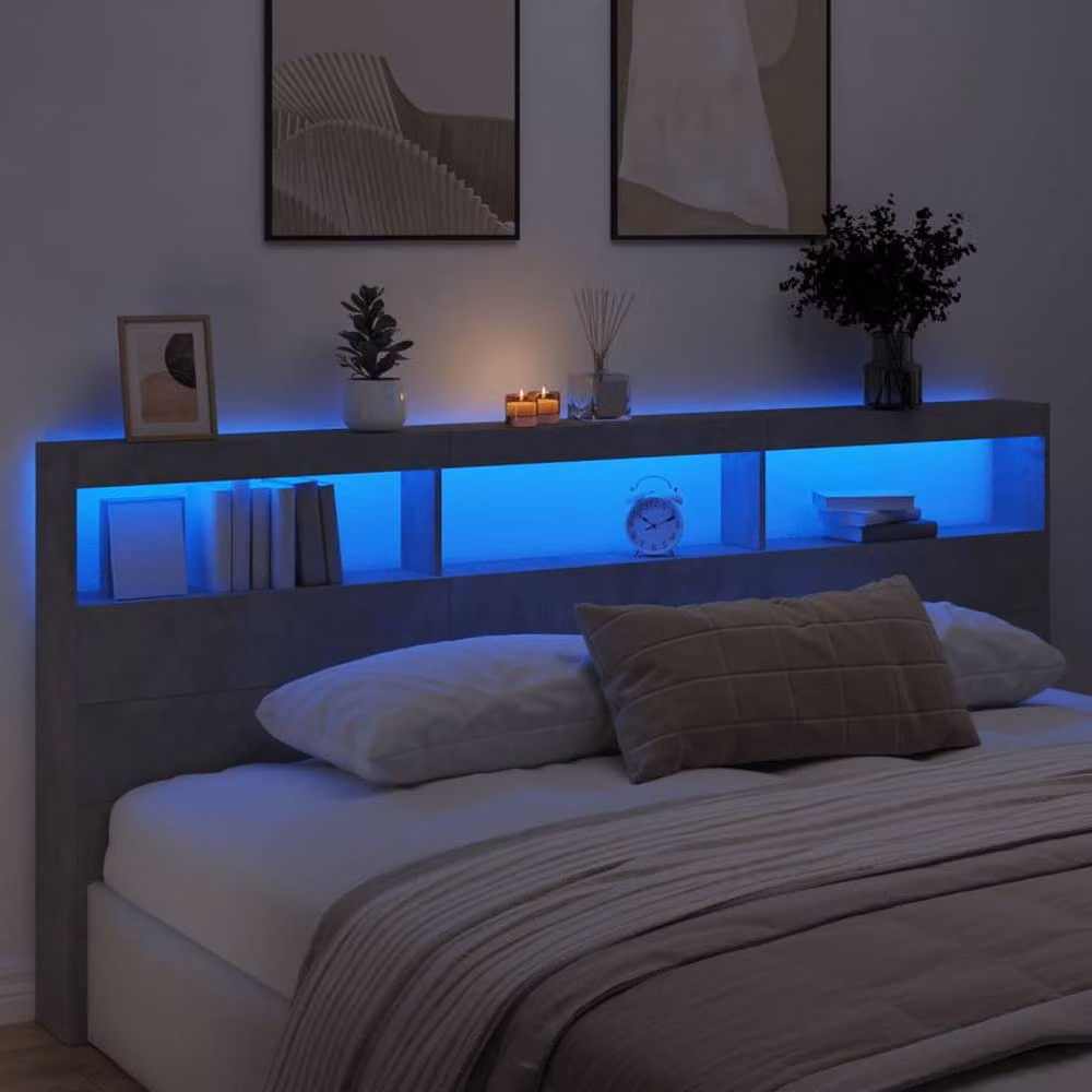 Berkfield Home Modern Wall Mount Headboard Cabinet with LED Lighting and USB Charging Port in Matt Concrete Grey, W: 220 cm, D: 17 cm, H: 102 cm – 3