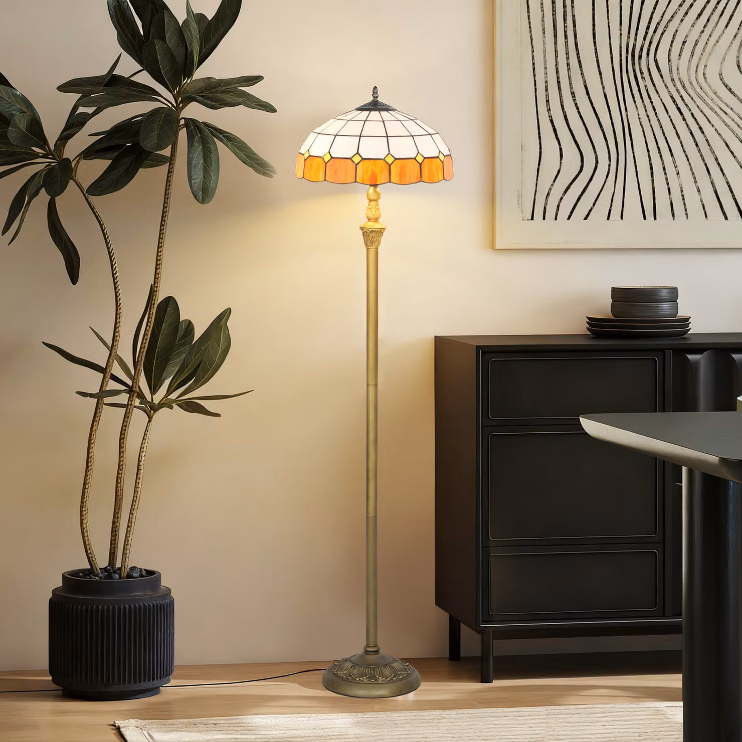 HOMCOM Tiffany-Style Vintage Floor Lamp with Handcrafted Stained Glass Shade, Bronze and Orange, Height: 152 cm – 6