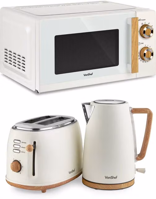 VonShef Microwave, Kettle and 2 Slice Toaster Set in Beige, Black or White
