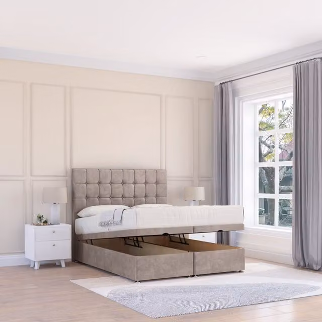 Sloomy Alabama Small Single Ottoman Bed in Beige Plush Fabric with 26 Inch Headboard and Hybrid Memory Mattress, W/D/H: 100 x 200 cm