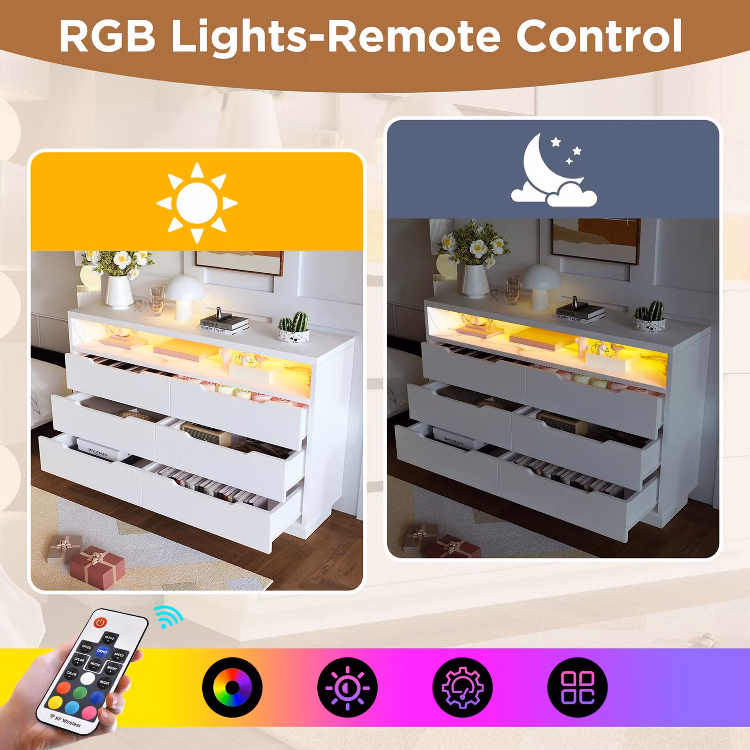 Aosom Modern Marbled Sideboard with 6 Storage Drawers and RGB LED Lighting, White, W: 120 cm, D: 40 cm, H: 85 cm – 3