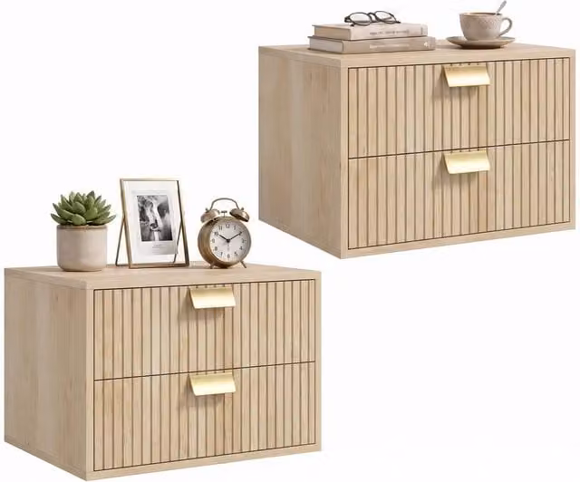 HOMCOM Set of 2 Modern Wall-Mounted Floating Nightstands with 2 Drawers in Natural Oak – 1