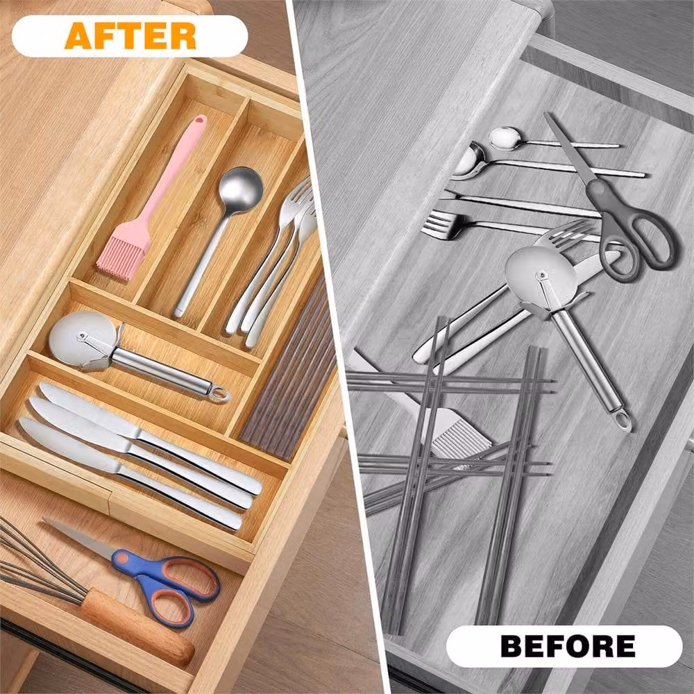 Nordara Extendable Bamboo Cutlery Tray Kitchen Drawer Organiser with Compartments in Brown – 2