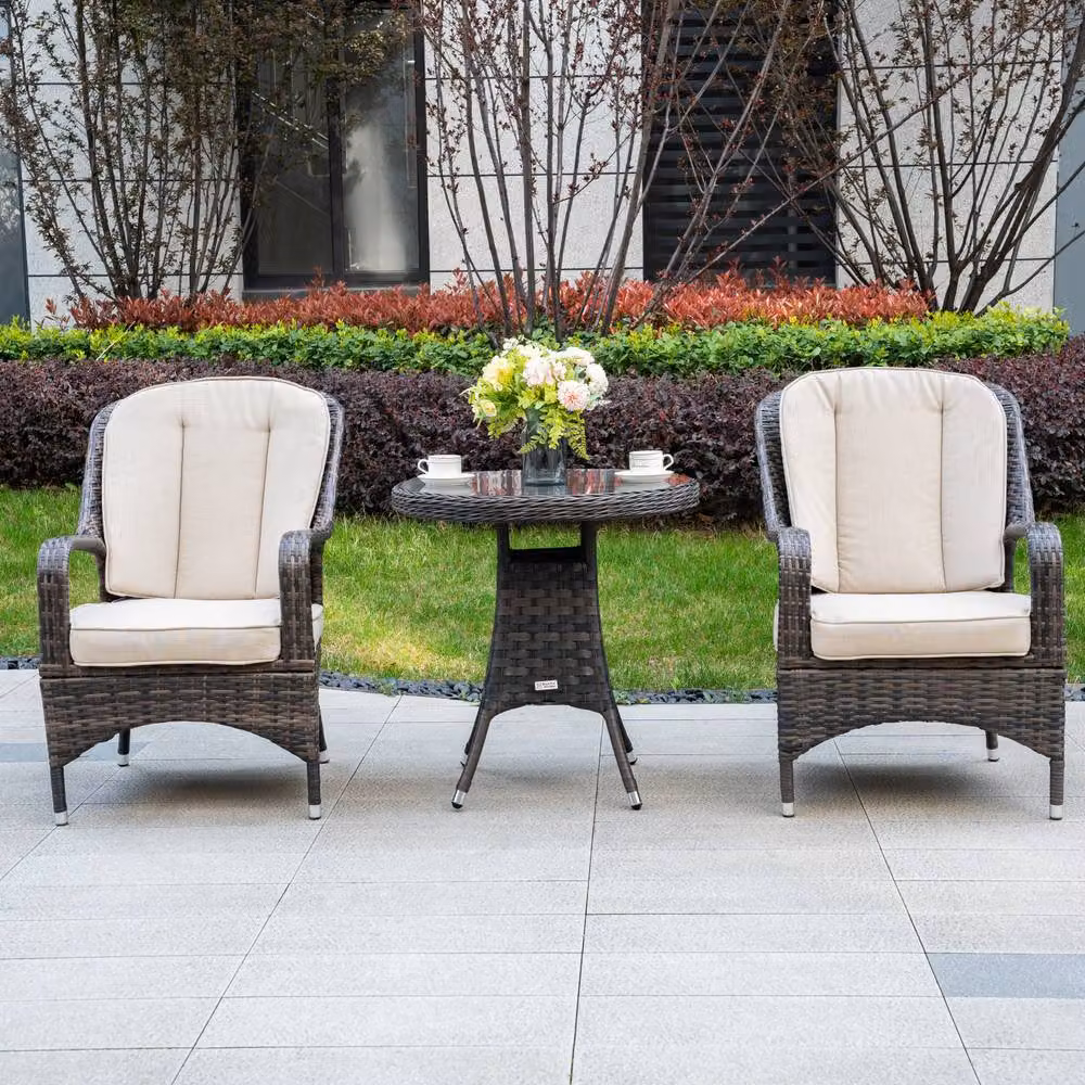 Direct Wicker Brown Rattan Bistro Set with Round Glass Top Table and 2 Armchairs for Garden, Balcony or Terrace – 4