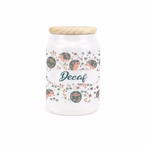 Purely Home Hedgehogs and Flowers Ceramic Decaf Storage Canister with Wooden Lid, Blue and White, W: 9.5 cm, H: 14.5 cm, 600 ml