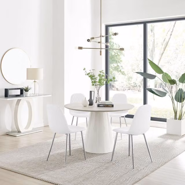 FurnitureboxUK Palma Beige Stone Effect Round Dining Table and 4 Corona Silver Chairs in White