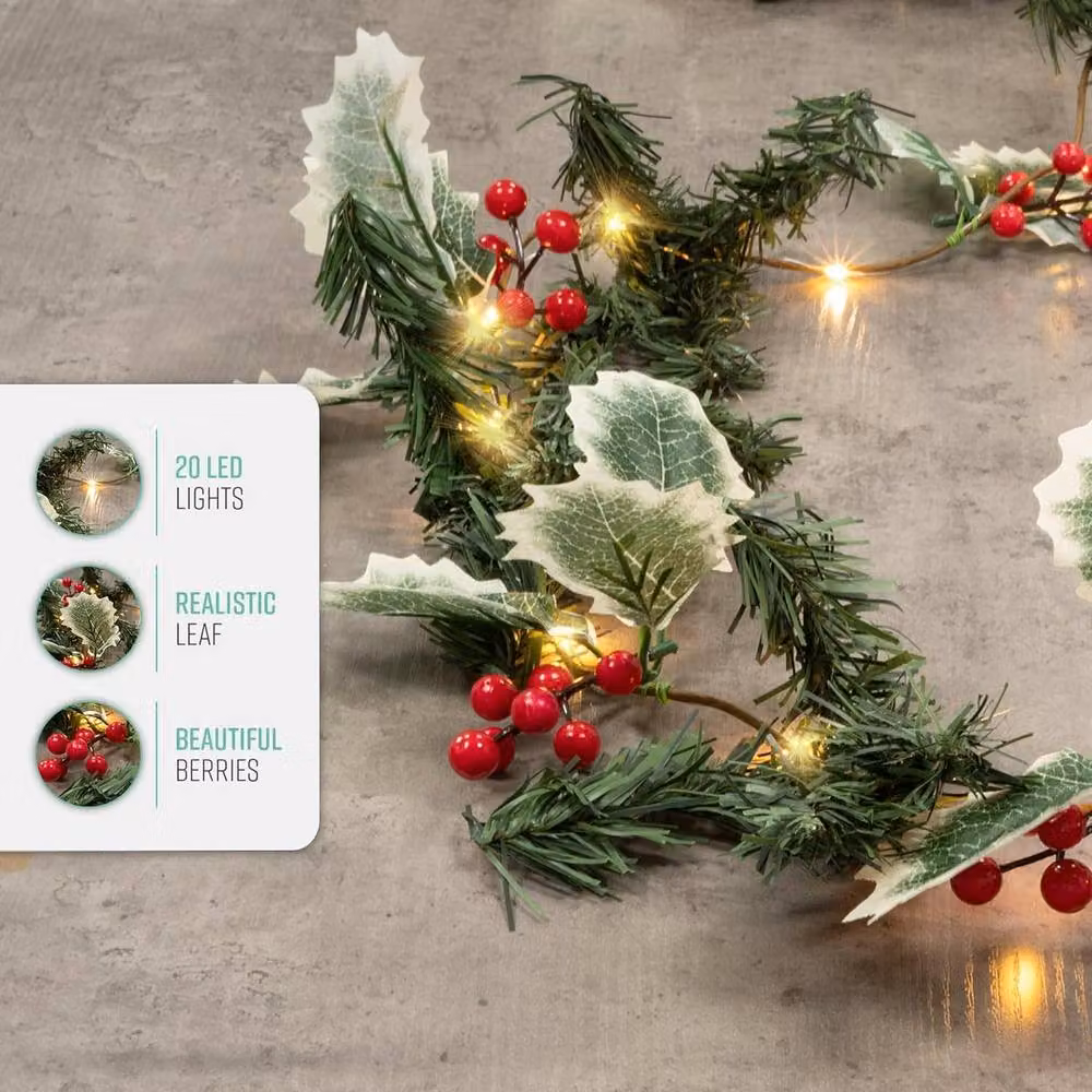Globrite 2M Berry and Leaf Christmas Garland with 20 Warm White LED Lights, Battery Operated, Red and Green with Copper Accents – 5