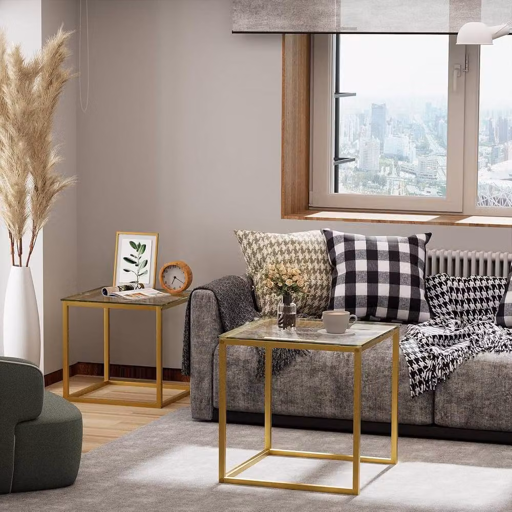 Huhote Set of 2 Modern Gold Metal Frame Nesting Side Tables with Square Glass Tops – 4