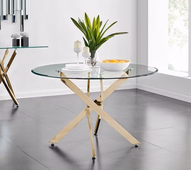 FurnitureboxUK Novara Gold Round Glass Dining Table and 6 Black Corona Gold Chairs Set