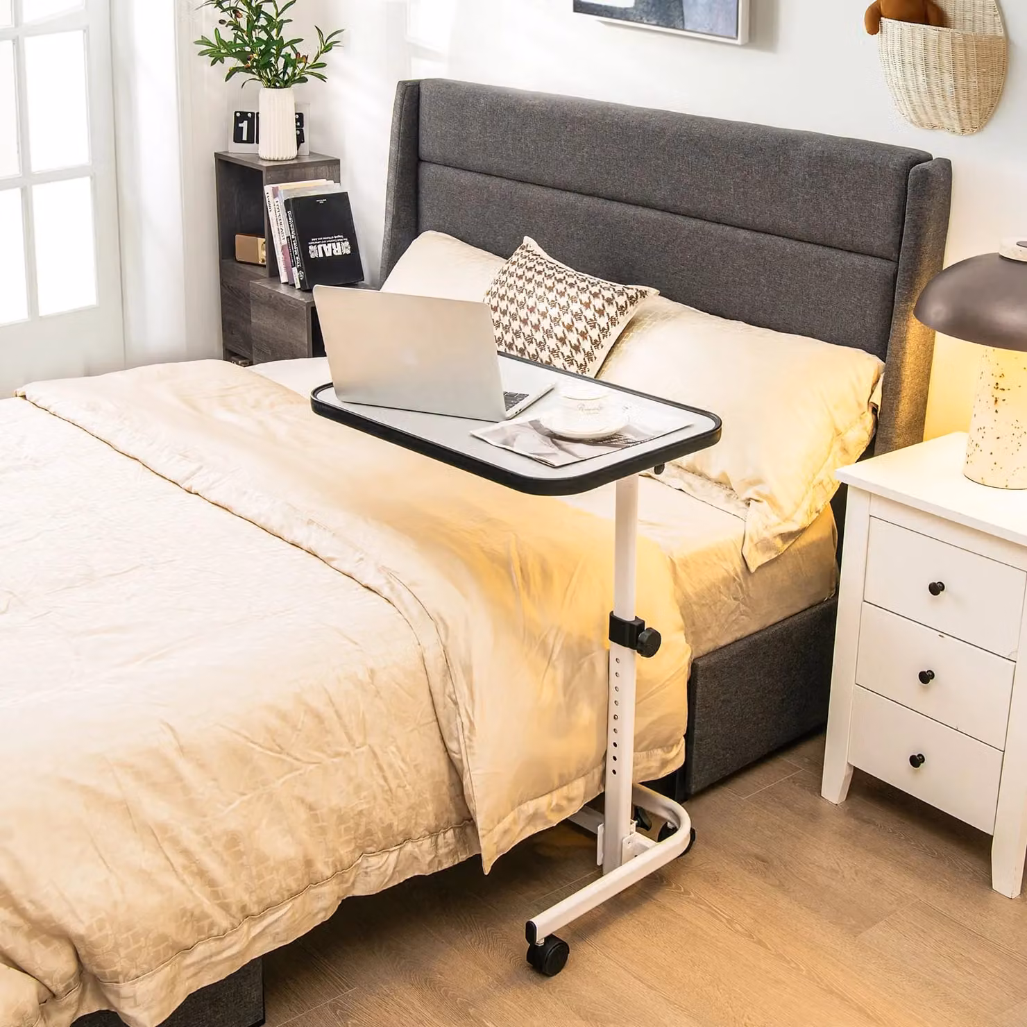 Gymax White Overbed Table with Adjustable Height, Tilting Top and Lockable Castors – 4