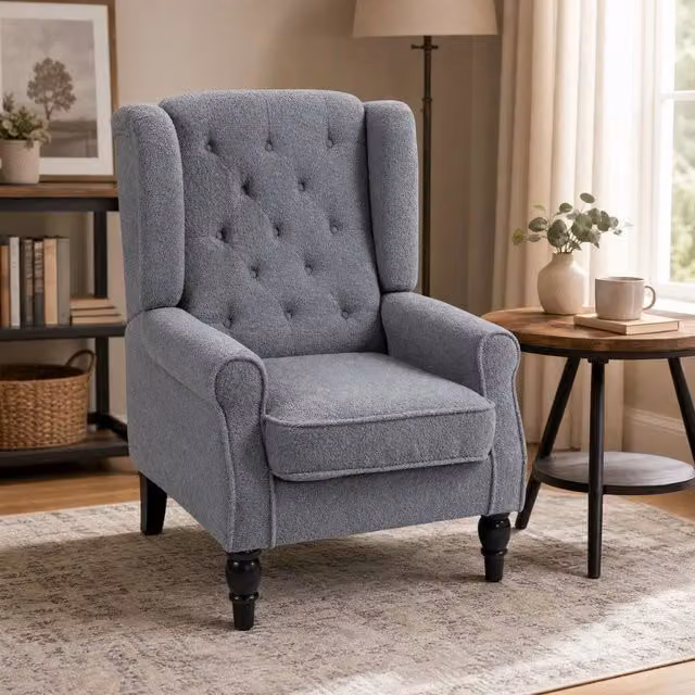STILVORA Grey Teddy Fleece Wingback Armchair with Solid Wood Frame