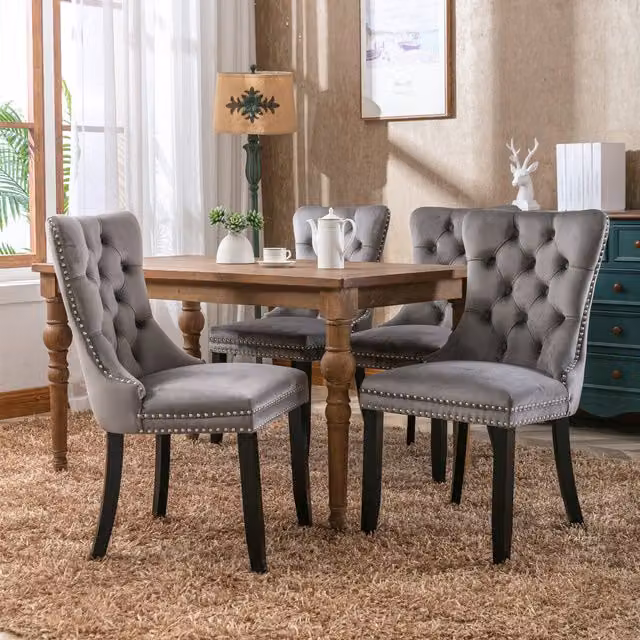Modern Home Touch Romsey Set of 2 Grey Velvet Upholstered Dining Chairs with Oak Legs and Knocker Ring Back – 1