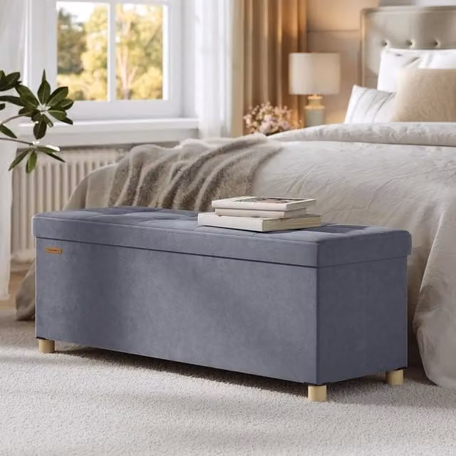 The Bazaarist Velvet Storage Bench and Folding Ottoman in Slate Grey, W/D/H: 110 x 40 x 40 cm