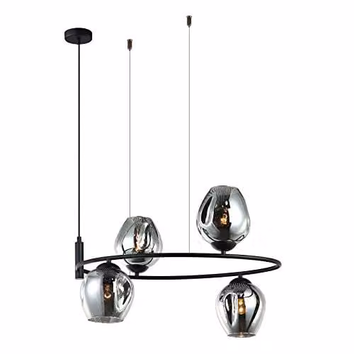 Netlighting Italux Roxane Modern Hanging Pendant in Black with 4 Grey Glass Shades and E27 Sockets