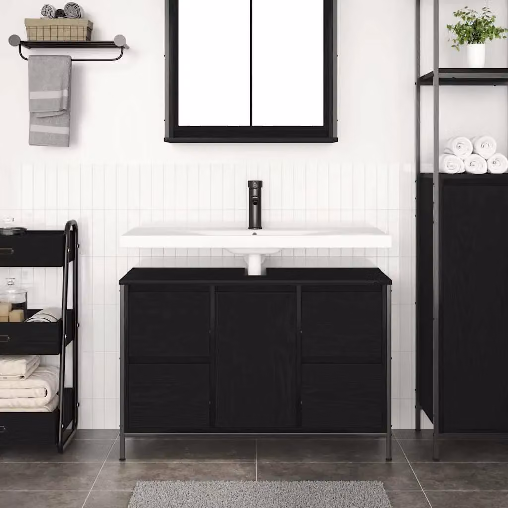 Berkfield Home Black Oak Basin Cabinet with Drawers, W: 90 cm, D: 34.5 cm, H: 60 cm – 3