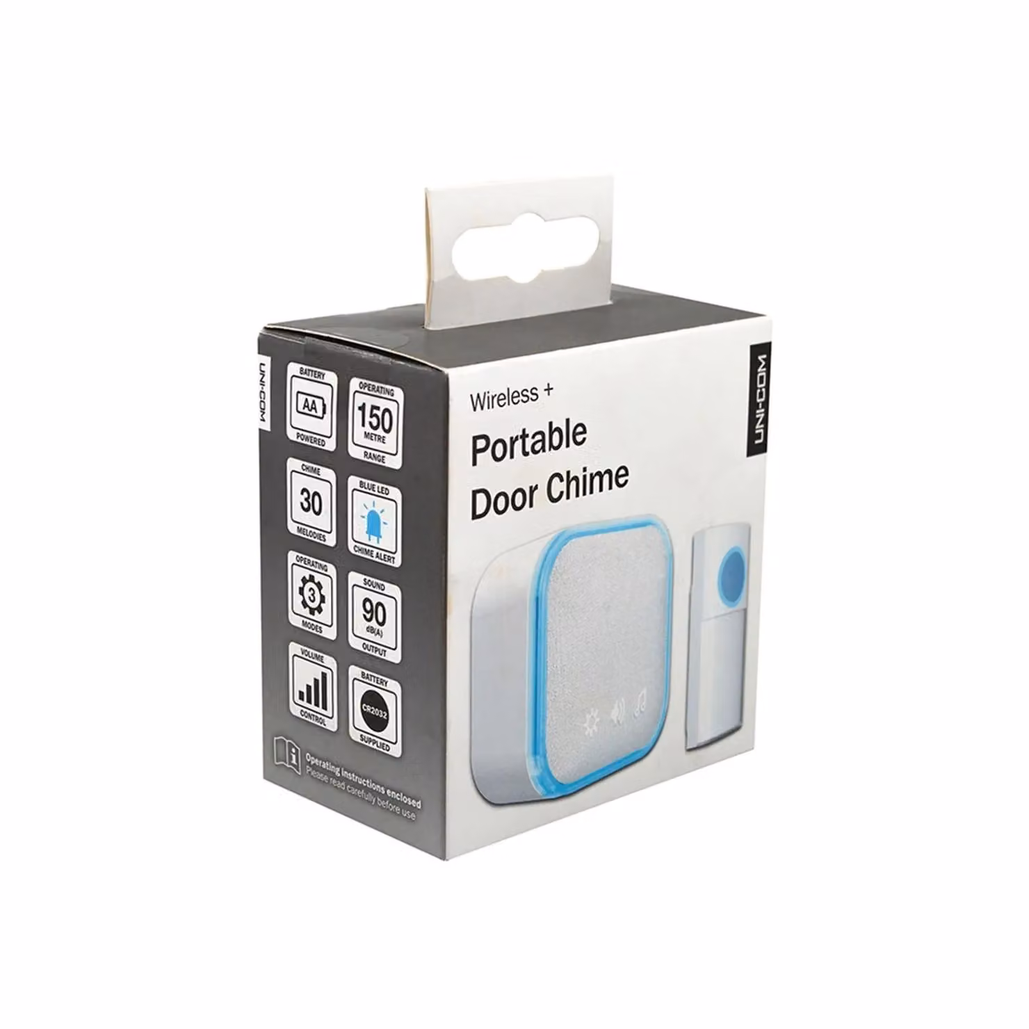 Uni-Com Wireless Battery Operated Portable Doorbell in White and Multicolour – 3