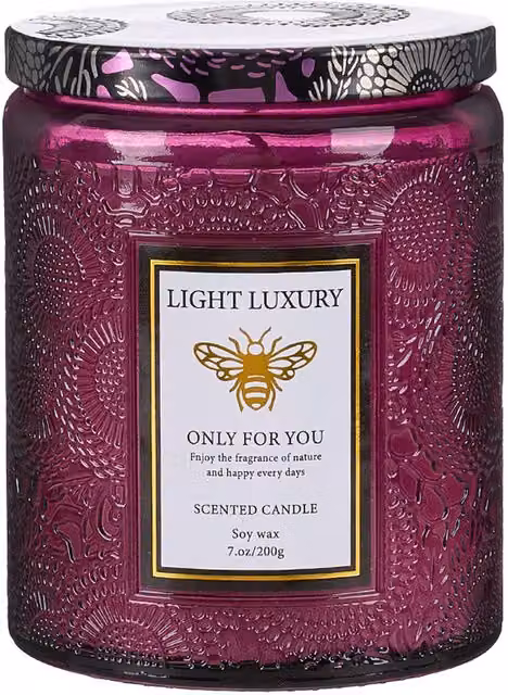 Livingandhome Floral Scented Soy Wax Candle in Purple Embossed Glass Cup