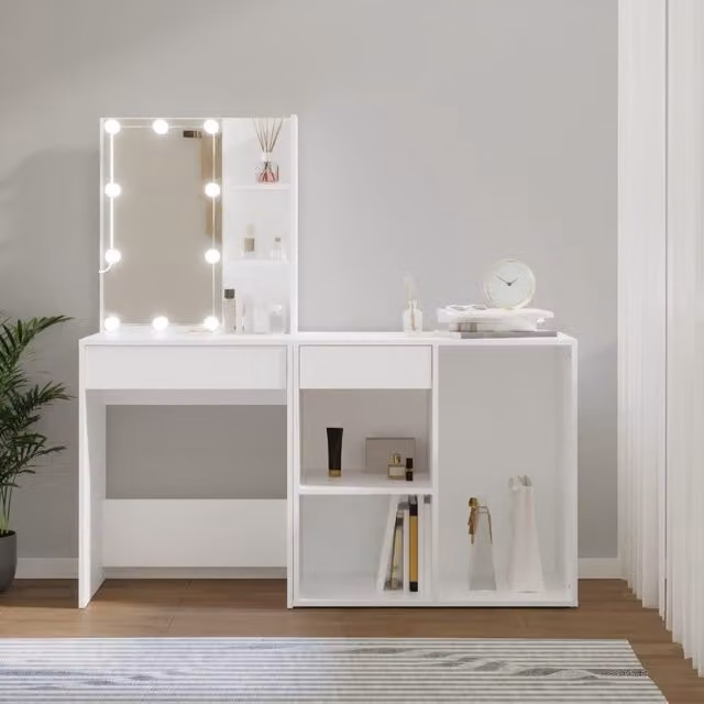 Berkfield Home Hollywood LED Dressing Table with Cabinet in White Glossy MDF