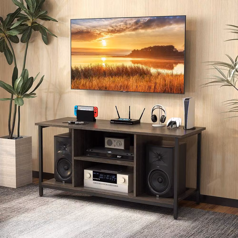 Gymax Modern 3-Tier Grey TV Stand with Power Outlet and Type-C Port – 6