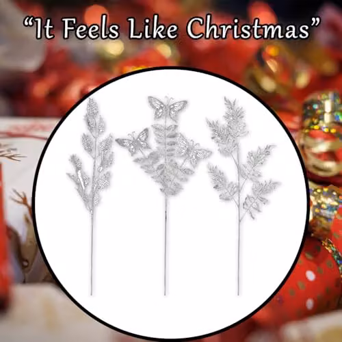 VFM e-Store Silver Glitter Foliage Pick Christmas Ornament H 74 cm x W 24 cm x D 0.5 cm – 6