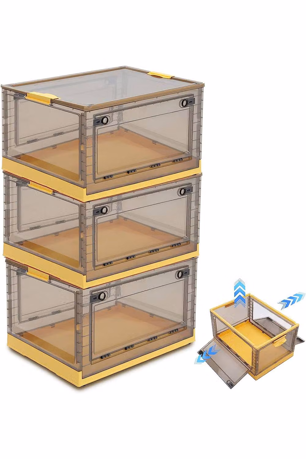 ExtraStar 3-Pack Foldable Transparent Plastic Storage Boxes with Lids and Wheels in Yellow – 2