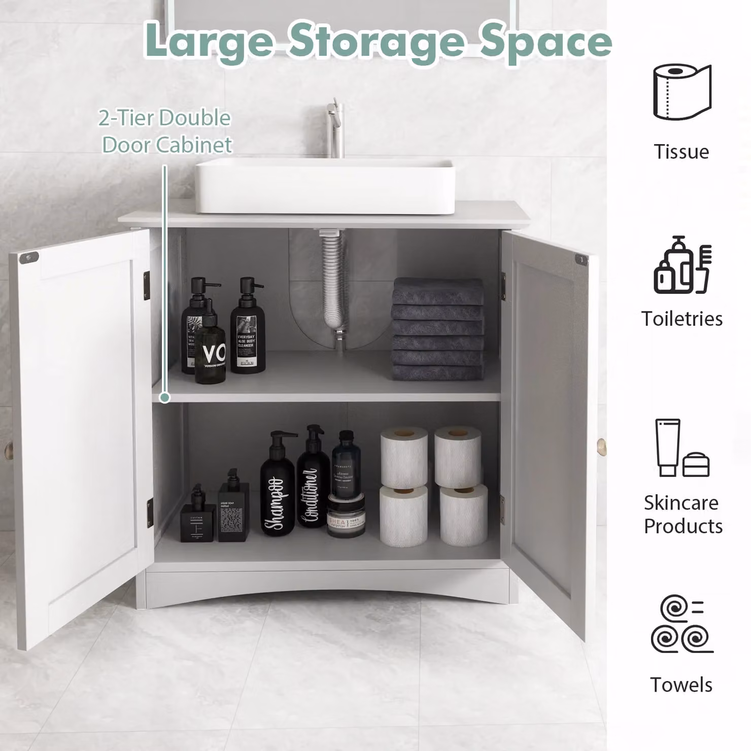 Costway Modern White Lacquered Freestanding Under Sink Bathroom Vanity Cabinet with Hinged Doors and Internal Shelves – 3