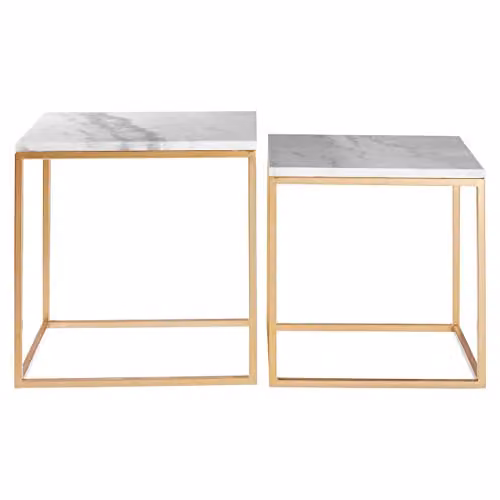Premier Housewares Set of 2 Square Marble Top Side Tables with Gold Metal Frames, W/D/H: 50 x 50 x 46 cm