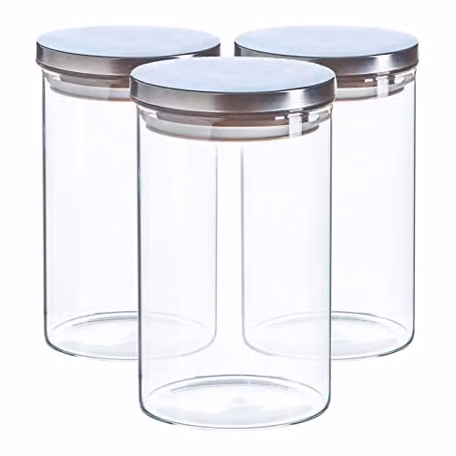 Argon Tableware Scandi Airtight Glass Storage Jars with Metal Lids, 1 Litre, 3 Pack, Silver