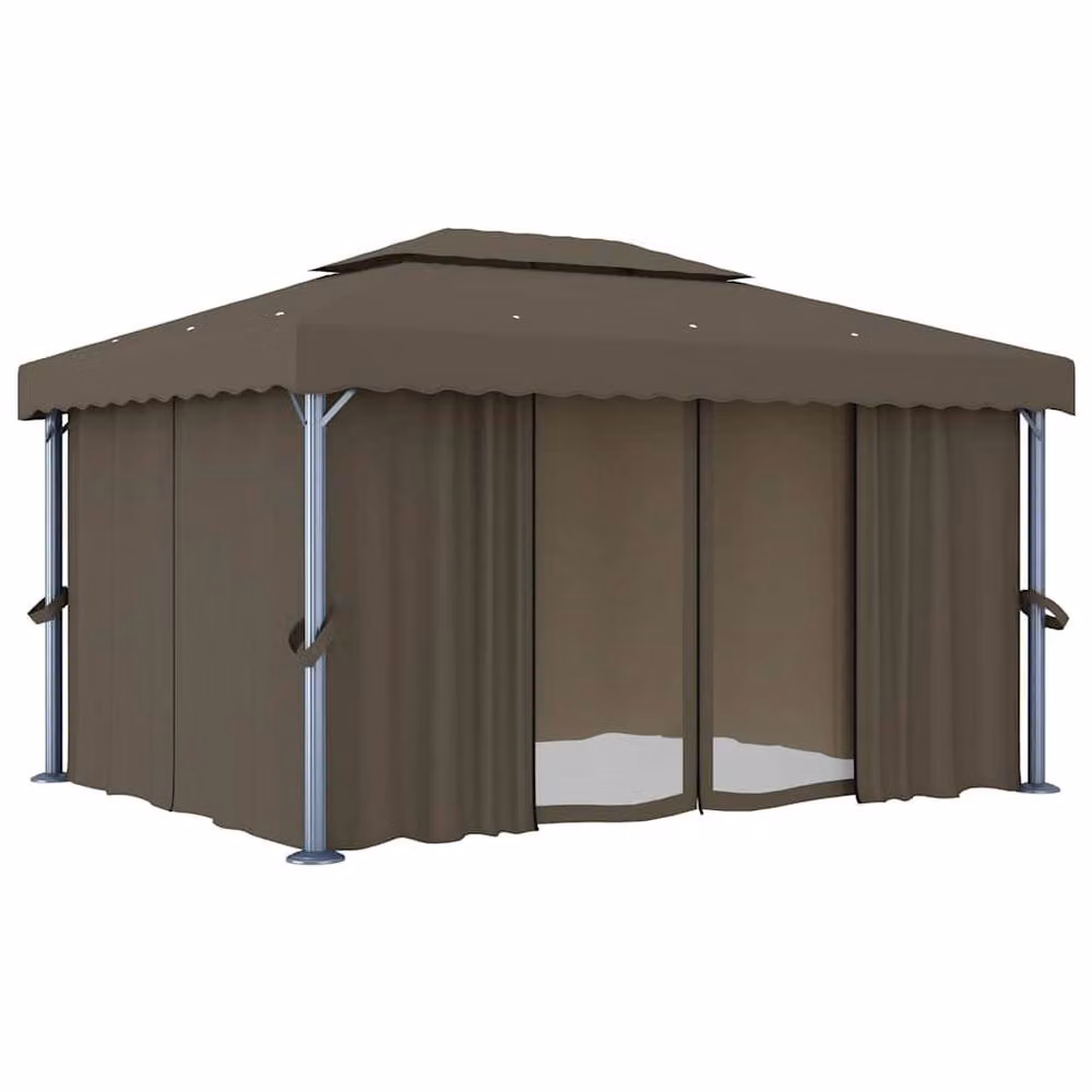 Berkfield Home Gazebo with Curtains and LED String Lights, Beige, W/D: 4 x 3 m – 3