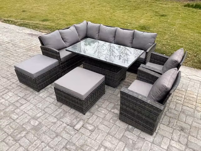 Fimous Grey PE Rattan Outdoor Garden Furniture Set with Height Adjustable Lifting Table, 2 Armchairs and 2 Footstools