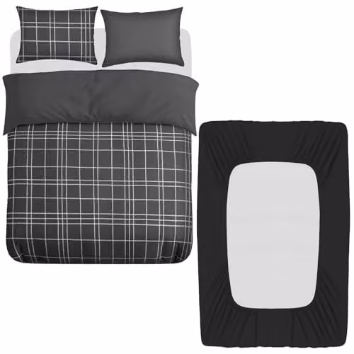 Grace 4 Piece Microfibre Super King Duvet Cover Set with Fitted Sheet in Black, Anthracite or Grey, Reversible and Breathable – 1