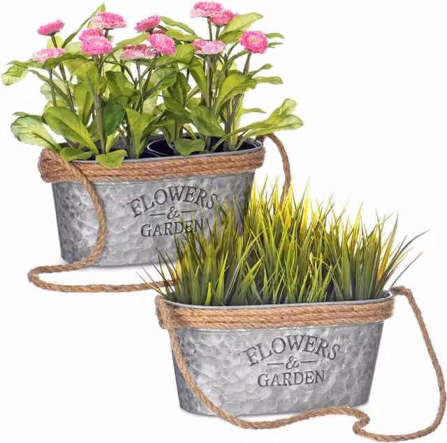 LIVIVO Set of 2 Silver Zinc Metal Hanging Plant Pots with Rustic Hessian Rope for Indoor and Outdoor Use – 1